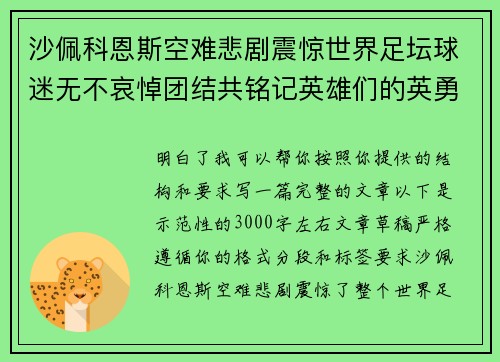 沙佩科恩斯空难悲剧震惊世界足坛球迷无不哀悼团结共铭记英雄们的英勇与坚韧 沙佩科恩斯空难悲剧震惊世界足坛球迷无不哀悼团结共铭记英雄们的英勇与坚韧